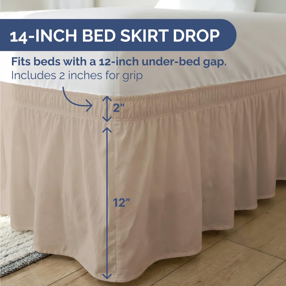 Wrap Around Dust Ruffle Bed Skirt - Cream - for Queen Size Beds w/ 14 Inch Drop - Easy Fit Elastic Strap - Adjustable Pleated Bedskirt w/Brushed Fabric, Wrinkle & Fade Free Women, Men, Kids & Teens