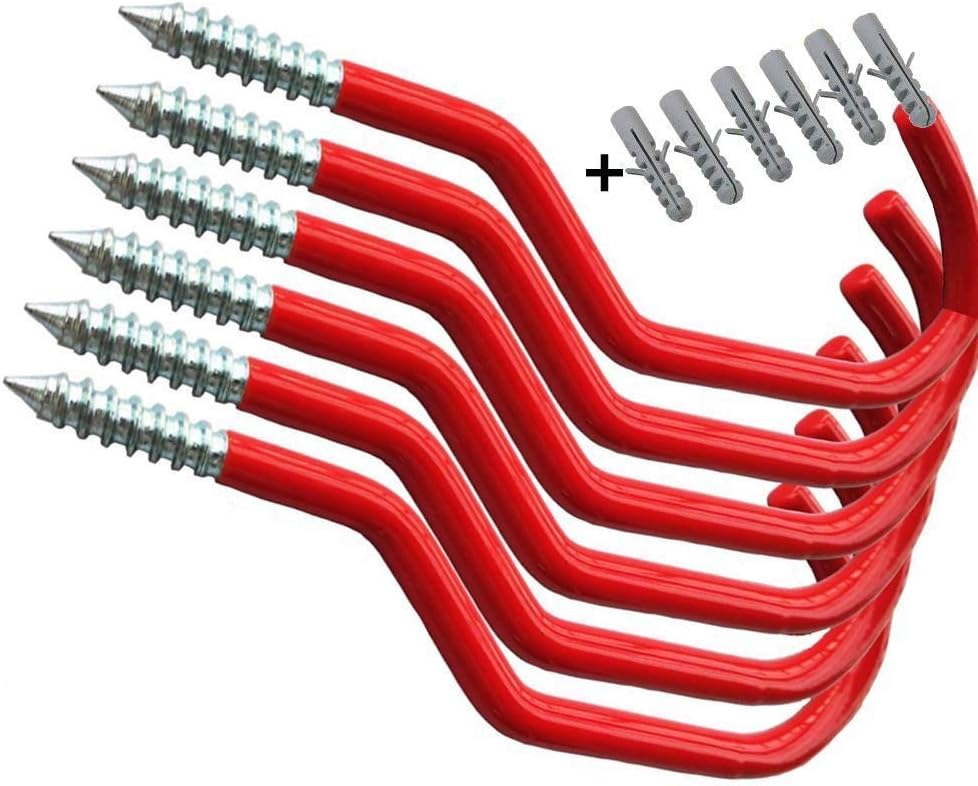 Bike Hooks - Heavy Duty Bicycle Storage Hooks by [Brand Name] | Set of 6 Screw-In Utility Hangers for Garage & Shed - Plastic Coated Red