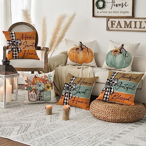Blue Fall Pumpkin Throw Pillow Covers Set of 4 18x18 Inches Home Decor