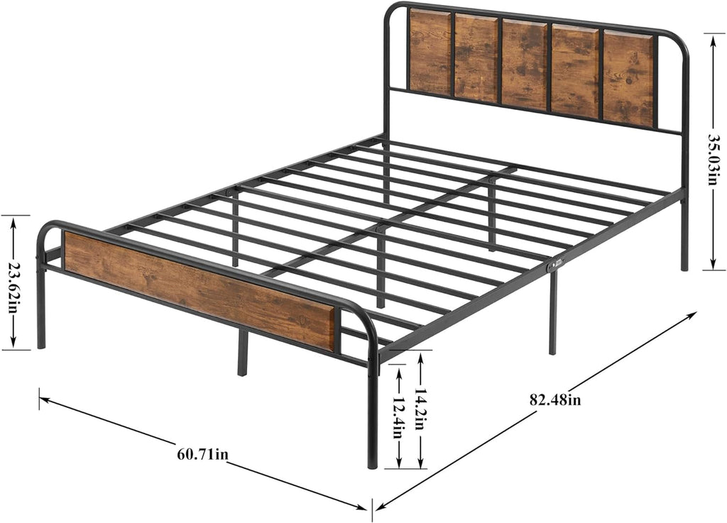 VECELO Queen Size Bed Frame Metal Platform with Wood Headboard,Sturdy Steel Slats Support/Matress Foudation/No Box Spring Needed(Brown)