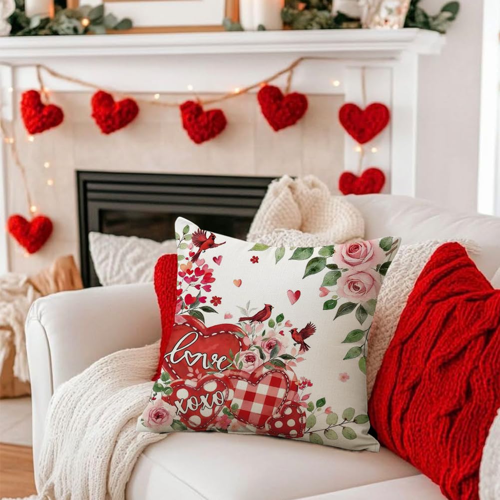 RABUSOFA Valentines Love Heart Pillow Covers 18x18 Inch Set of 2, Pink Rose Red White Outdoor Romantic Holiday Party Cushion Cases Valentine Decoration for The Home Sofa Indoor (Red, 18" x 18")