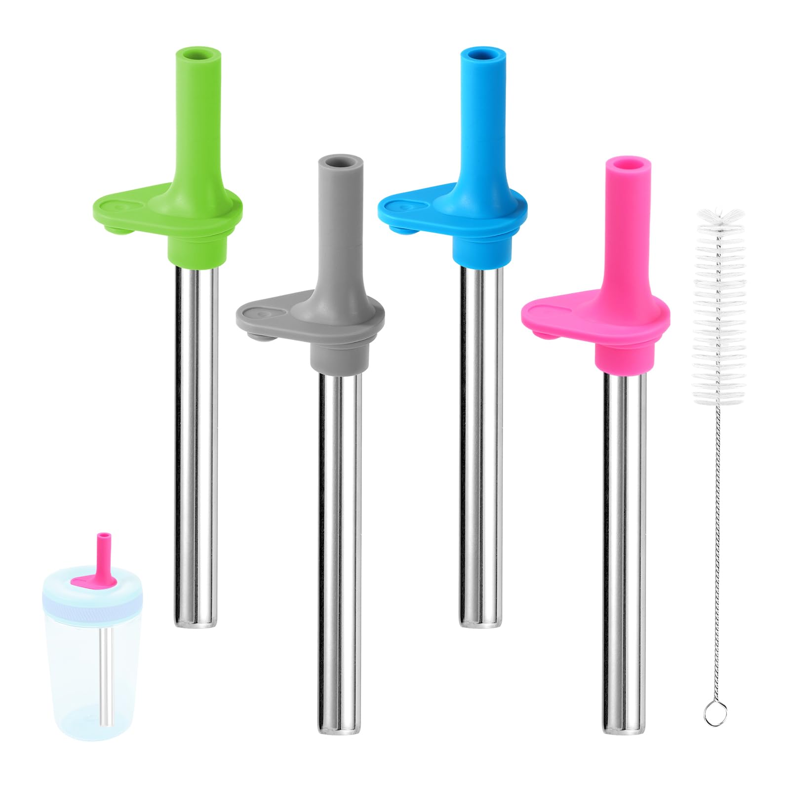 4pcs Straw Replacement for Zak, Stainless Steel Straws with Silicone Bite Valve with Cleaning Brush Cup Replacement Parts for kids Sippy Cups 12oz/ 15oz (4 Colors)