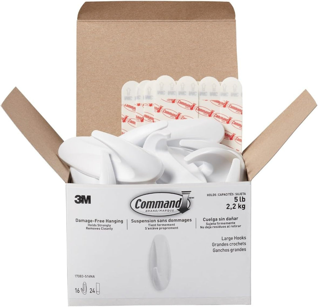 Command Large Designer Hooks - Damage-Free Wall Hook Holds Up to 5 lb | 16 Hooks & 24 Adhesive Strips for Easy Organization