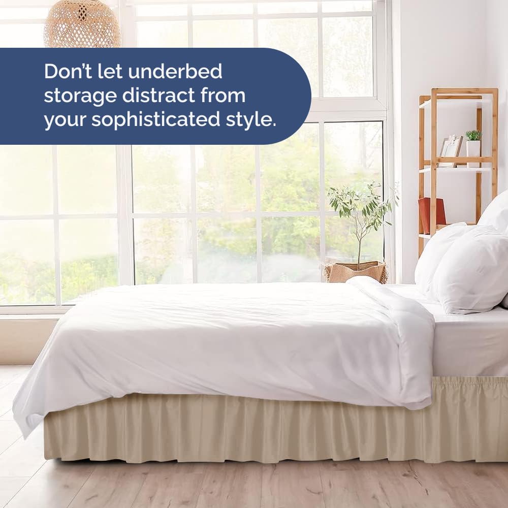 Wrap Around Dust Ruffle Bed Skirt - Cream - for Queen Size Beds w/ 14 Inch Drop - Easy Fit Elastic Strap - Adjustable Pleated Bedskirt w/Brushed Fabric, Wrinkle & Fade Free Women, Men, Kids & Teens