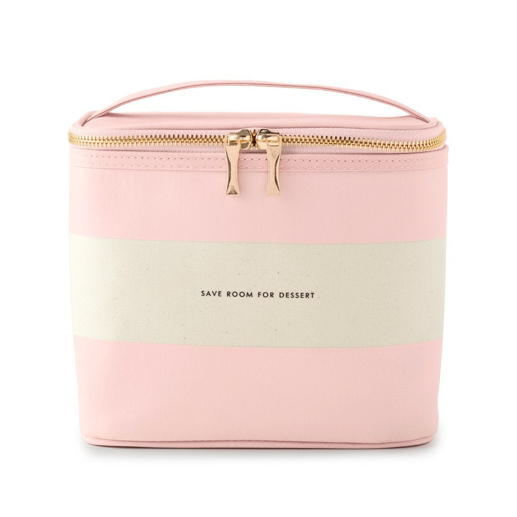 kate spade new york Small Insulated Lunch Tote, Lunch Cooler, 8 x 7 x 4.5 Cute Lunch Bag for Women, Pink Thermal Bag with Double Zipper Close and Carrying Handle, Blush Rugby Stripe