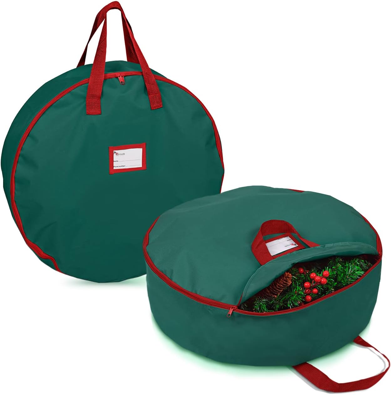 Primode Christmas Wreath Storage Bag - 36" Artificial Wreath Container - Durable Oxford with Sturdy Handles & Inner Straps - 2 Pack, Green