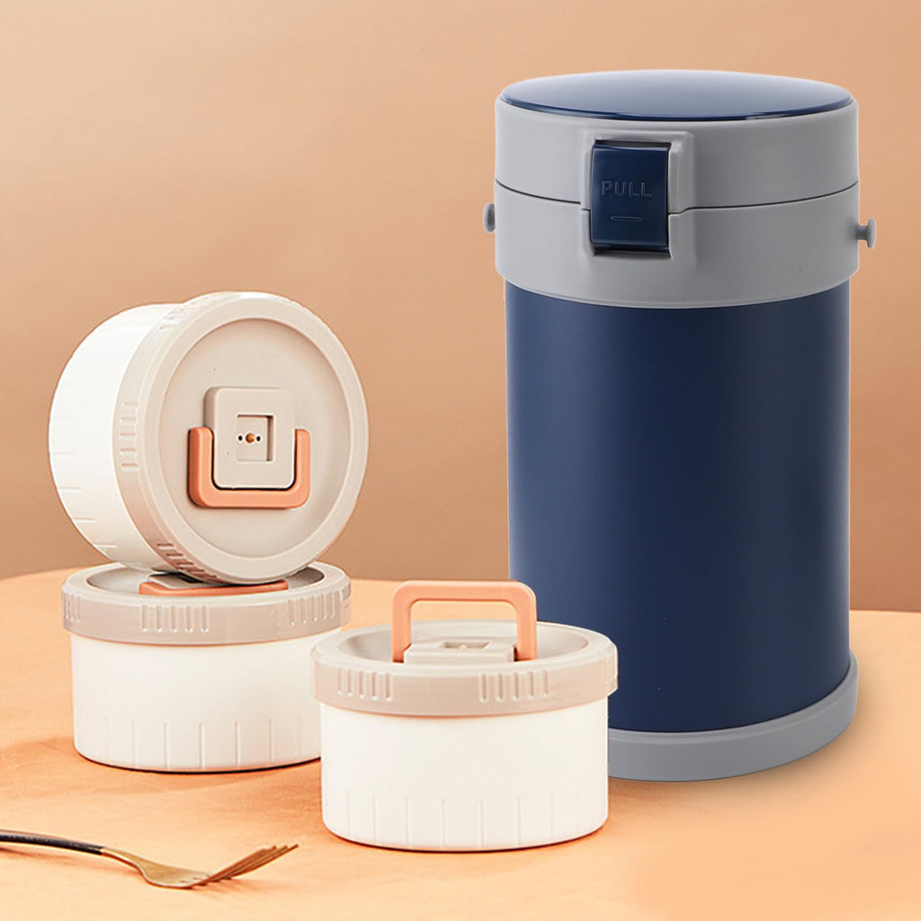 Pssopp Insulated Food Jar 3 Tier Compact Design Microwave Stainless Steel Thermal Lunch Box for Hot Food Soup and More (Blue)