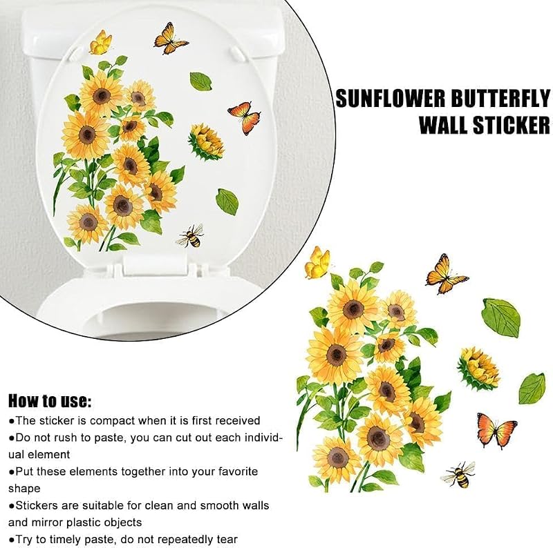Sunflower Toilet Lid Decal - Waterproof Self-Adhesive Wall Sticker for Bathroom Decor