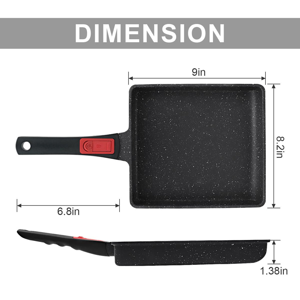 AIKENBBKK Tamagoyaki Japanese Omelette Pan, Japanese Egg Pan, Square Egg Pan Nonstick, Induction-Ready, Detachable Handle, with Silicone Spatula, PFAS & PFOA-Free, Oven Safe, Black, 9" x 8.2"