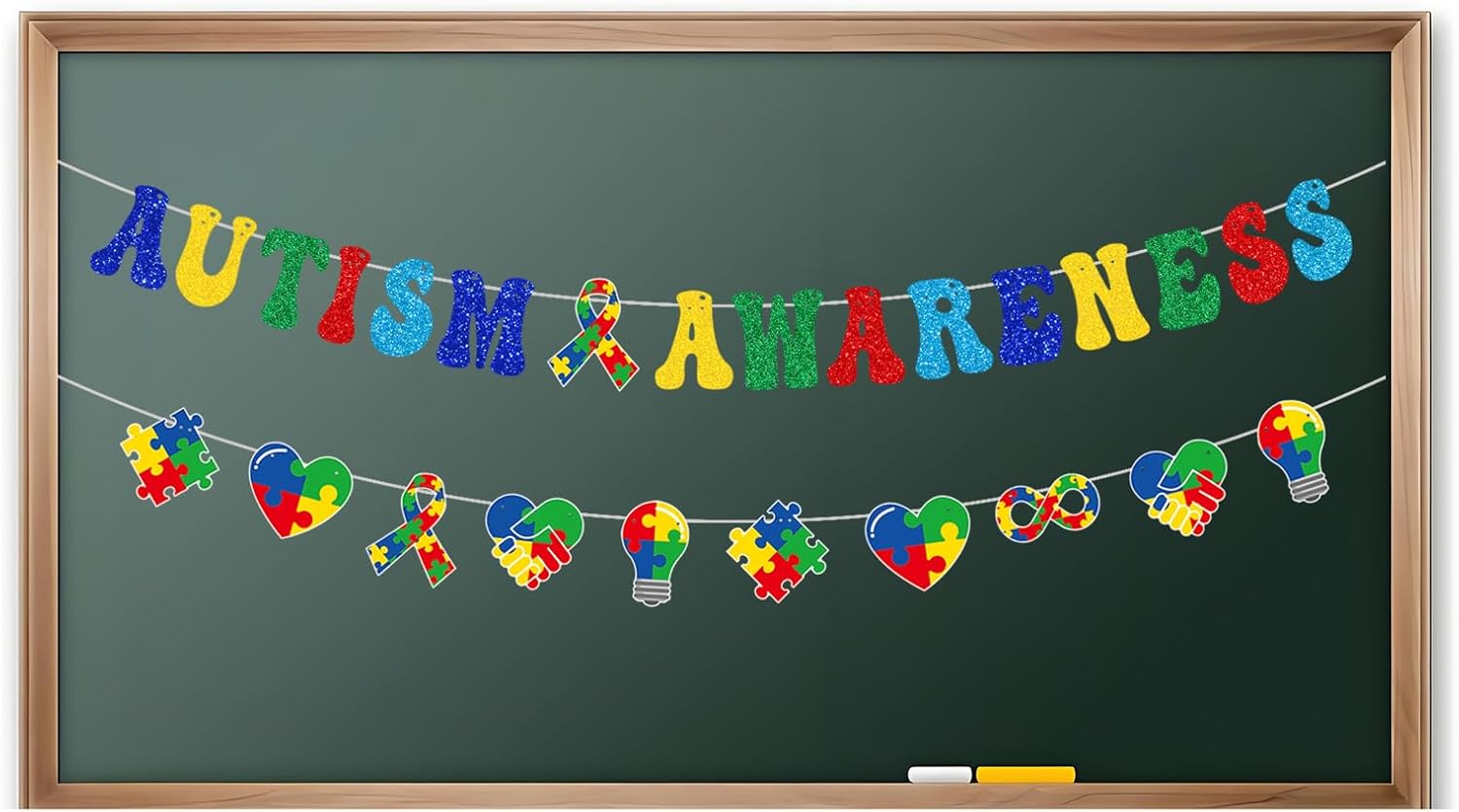 YEIRFYY Glittery Autism Awareness Banner - Colorful Puzzle Piece Garland for Inspirational Support