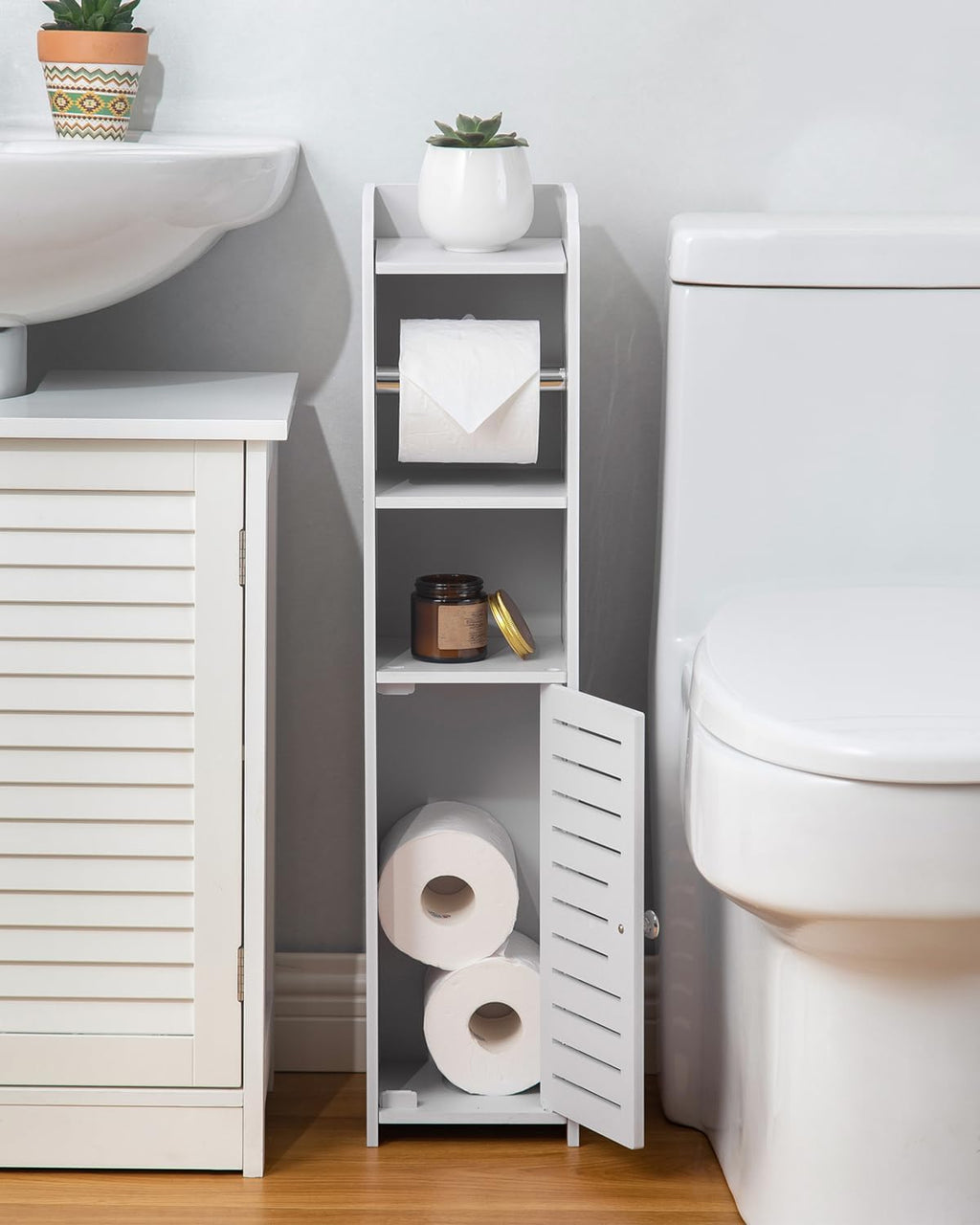 AOJEZOR Toilet Paper Holder Stand | No-Drill PVC Design for Small Bathrooms - Space-Saving Solution