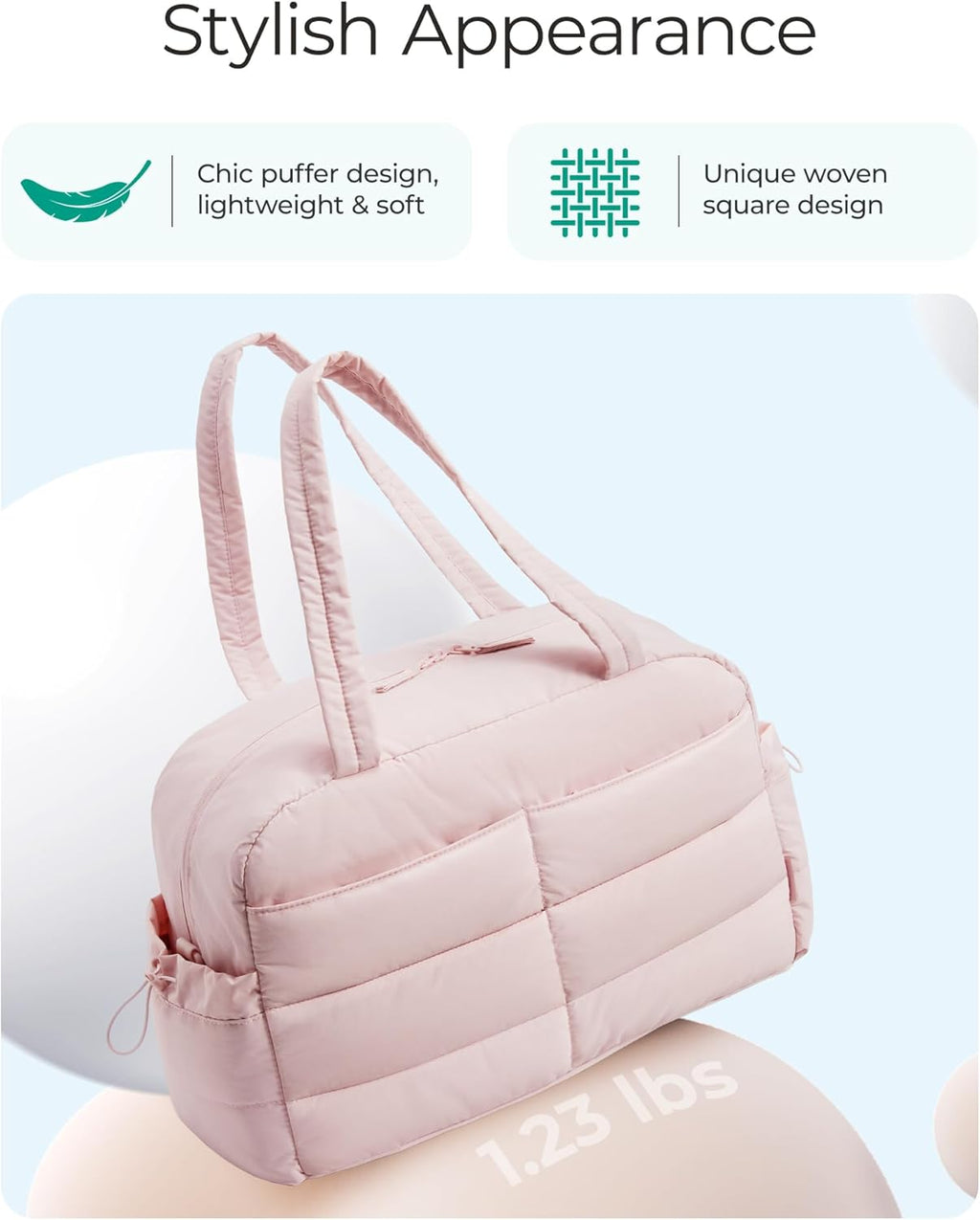 BAGSMART Lightweight Puffer Gym Bag - 31L Quilted Duffle for Travel & Gym | Water-Resistant Pink