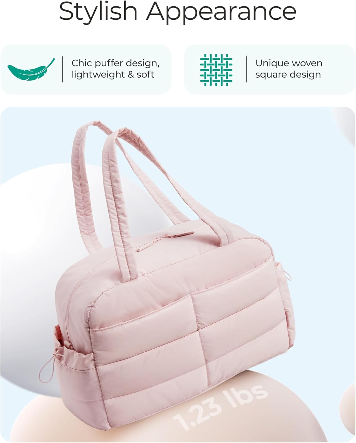 BAGSMART Lightweight Puffer Gym Bag - 31L Quilted Duffle for Travel & Gym | Water-Resistant Pink