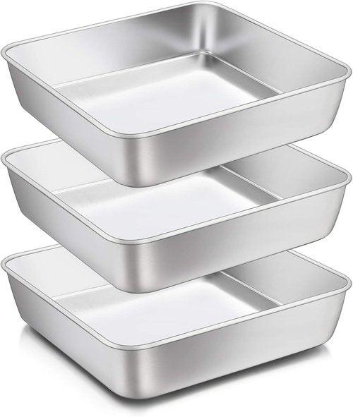 E-far Baking Pan Set | 8 x 8-Inch Square Stainless Steel Bakeware | Non-Toxic & Dishwasher Safe, Set of 3