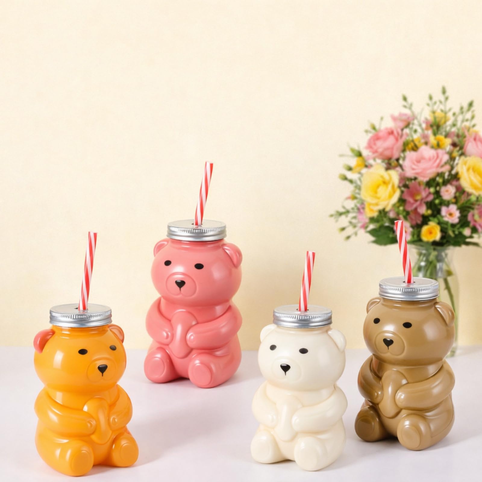 Baderke 15 Set Valentine Bear Plastic Bottles with Straws Set Including 17 oz Cute Teddy Bear Cups Reusable Drink Cup Empty Bottles Straws and Caps for Valentine Party Milk Juicing Drinking