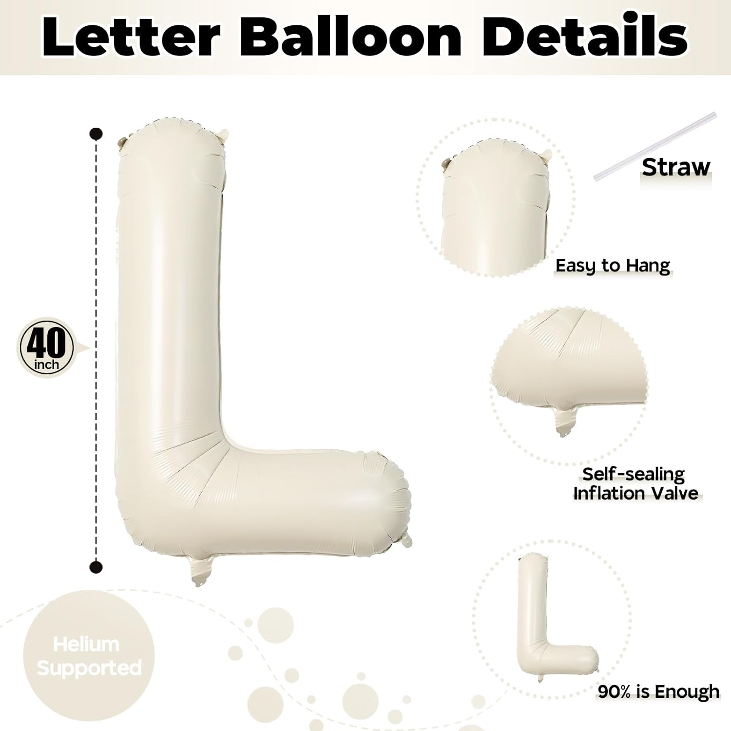 Skiennix Large Mylar Helium Alphabet L Balloon - 40 Inch Beige Foil Letter for Birthday Party Decor