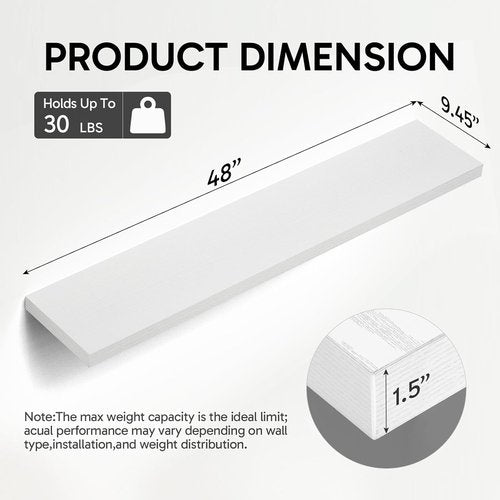BAYKA Floating Shelves - 48-Inch Heavy Duty Wall-Mounted Rustic Wood Shelves | Set of 2 in White for Home Decor