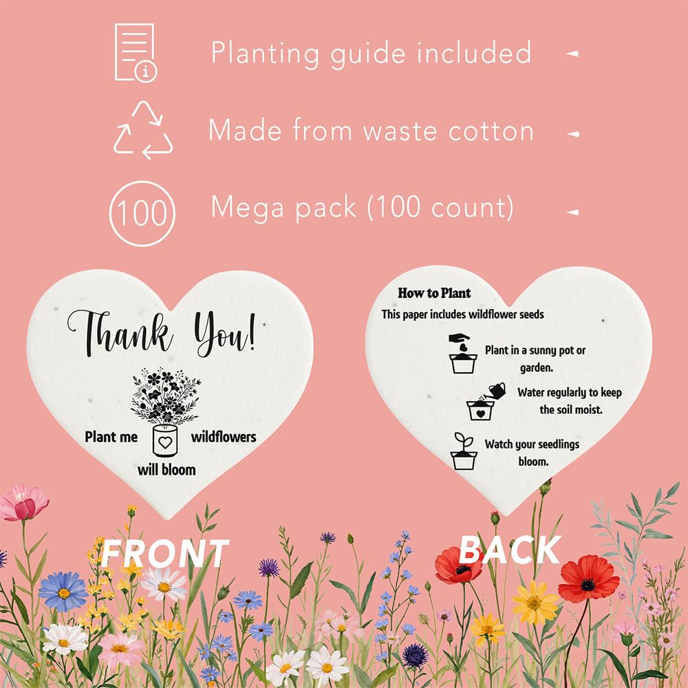 miaform 100 Pcs Plantable Seed Paper Hearts | Thank You Employee Appreciation Gifts Bulk | Party Favors for Baby Shower | Wedding Favors for Guests | Small Business Thank You Cards