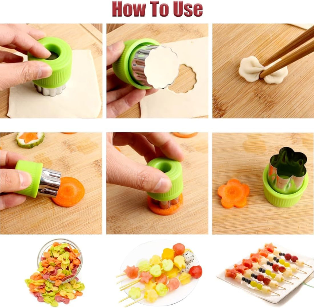 Skiennix Fruit And Vegetable Cutter Stamp Set - 9 Fun Shapes For Baking | Green Mini Pie Molds