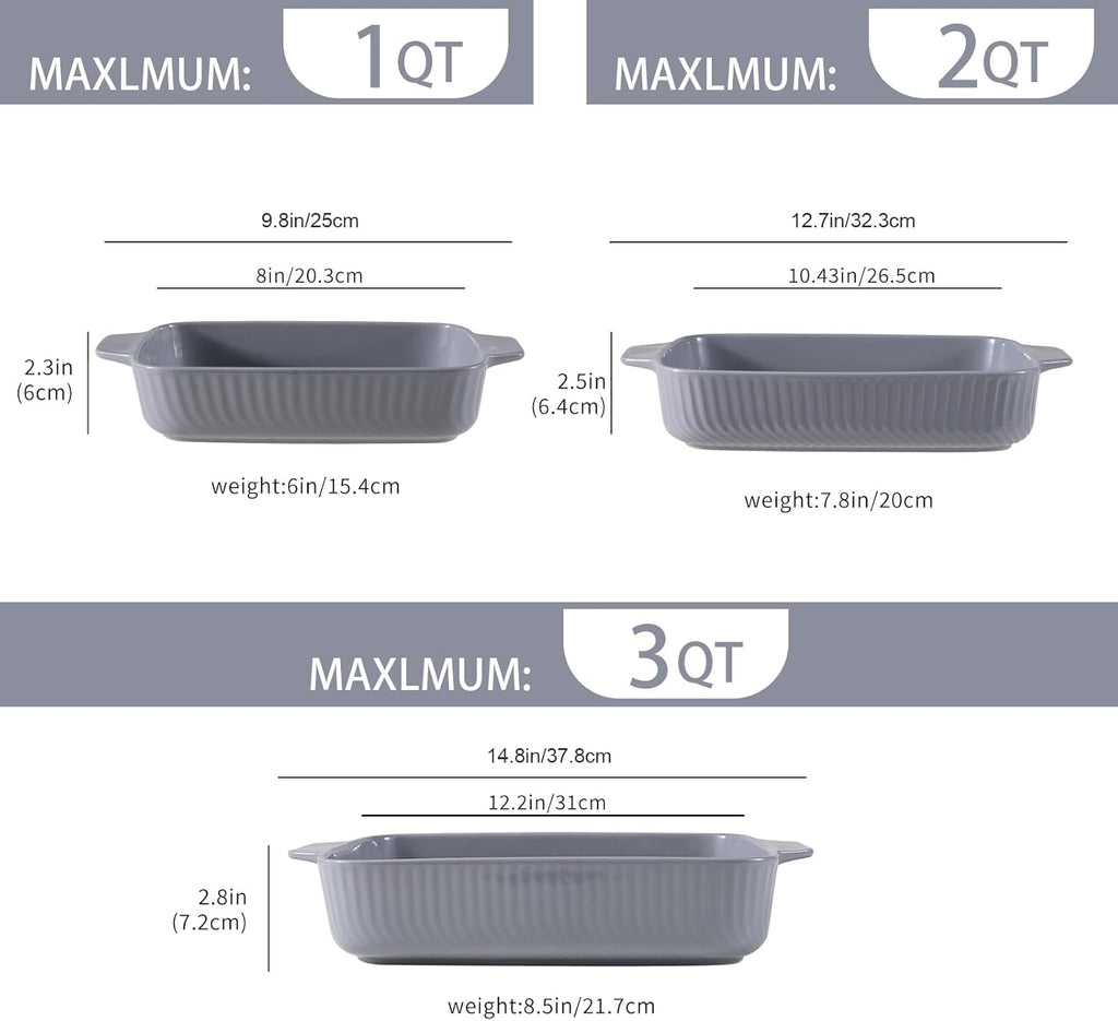 Yachi Ceramic Casserole Dishes Set - 3-Piece Rectangular Bakeware with Handles | Microwave & Dishwasher Safe, Gray (14.8''/12.7''/9.8'')