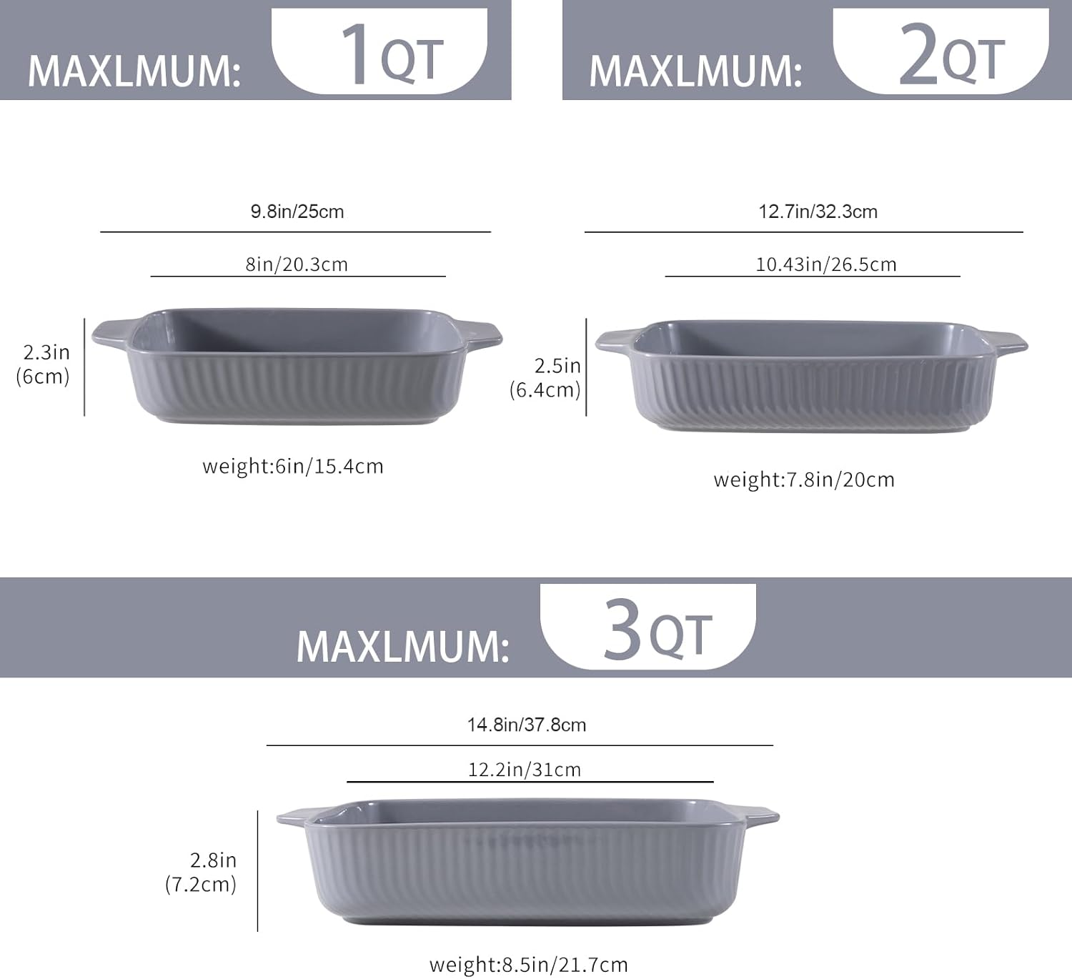 Yachi Ceramic Casserole Dishes Set - 3-Piece Rectangular Bakeware with Handles | Microwave & Dishwasher Safe, Gray (14.8''/12.7''/9.8'')