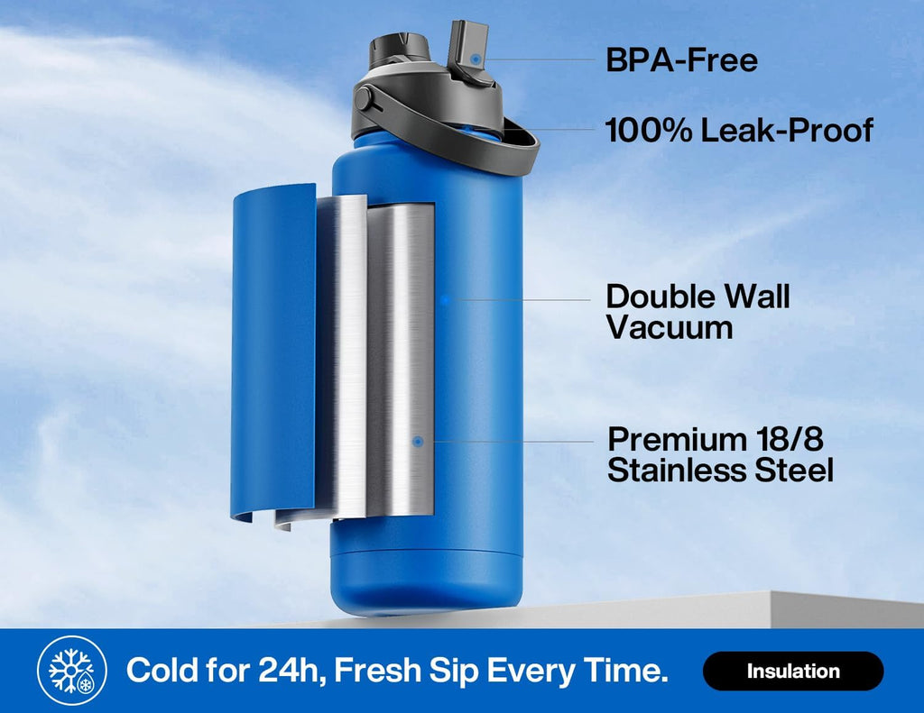 POWCAN 40 oz Insulated Water Bottle - 2-in-1 Straw & Spout Lid | Keeps Drinks Cold 24H, BPA-Free, Leak-Proof (Pacific Ocean)