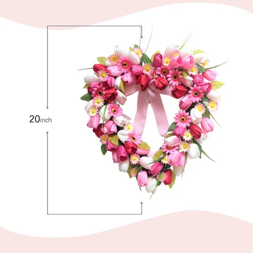Bibelot Valentine's Day Heart Shaped Tulip Wreath, 20 Inch Pink White Tulip Floral Wreath for Front Door, Artificial Flower Heart Wreaths for Wedding Anniversary Festival Decorations