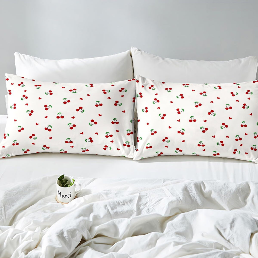 Feelyou Kids Red Cherry Fitted Sheet Queen Size, Cherry Pattern Bed Sheet Set Boys Girls Cute Fruit Bedding Set Kawaii Cartoon Fruit Teens Bed Cover Room Decor Lightweight Bed Set (No Flat Sheet)
