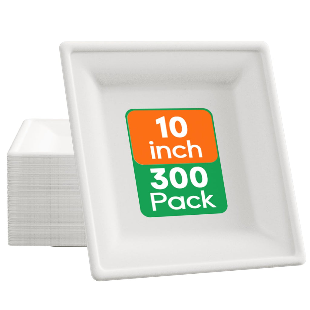 ECOLipak 10 Inch Square Paper Plates, 300 Pack Compostable Heavy Duty Biodegradable Paper Plates, Made from Sugarcane, Eco Friendly White Disposable Plates for Party, Dinner