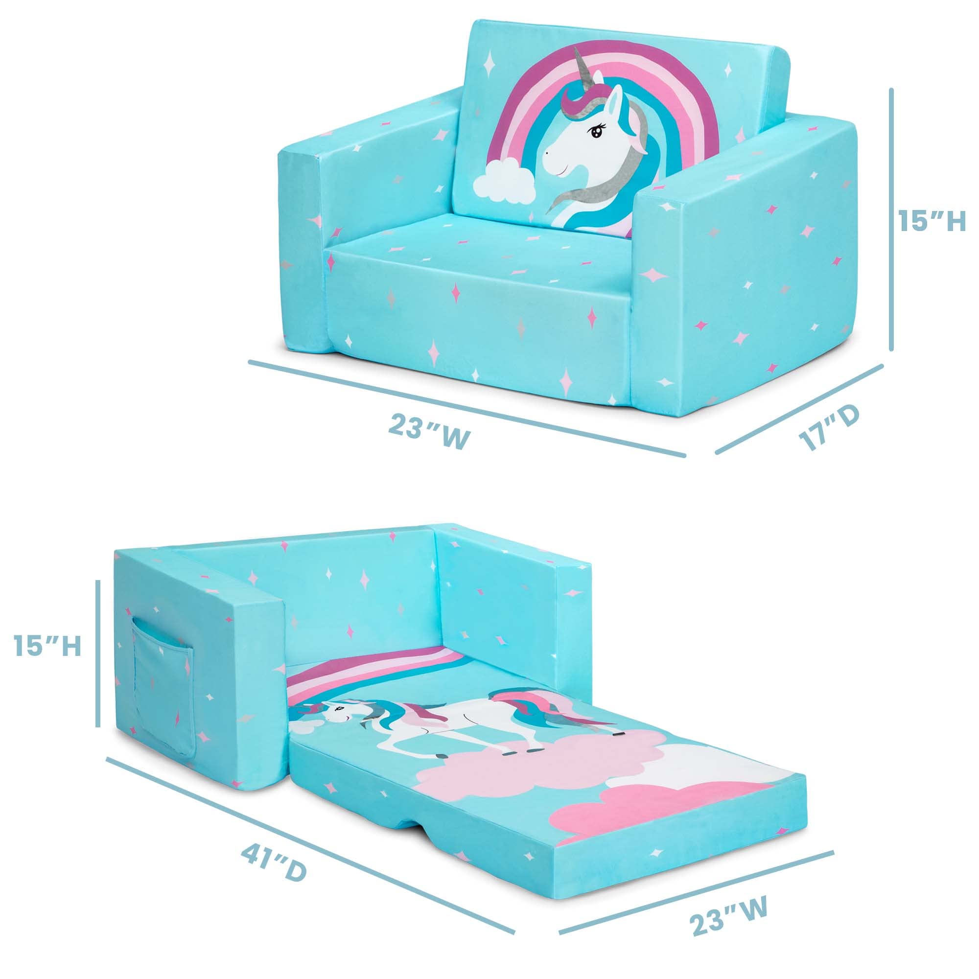 Delta Children Cozee Kids Couch 2-Seater Kids Sofa, Convertible 2-in-1 Flip Open Toddler Couch Sleeper, Foam Chair for Playroom & Bedroom, Bed Lounger, Comfy Play Sleeping Lounge Chair, Blue Unicorn