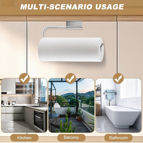 Cabinet Door Paper Towel Holder 12.4 Inches No Drill Paper Towel Holder Under Sink Stand Mounted Stainless Steel Paper-Dispenser for Kitchen Bathroom Craft Laundry Room