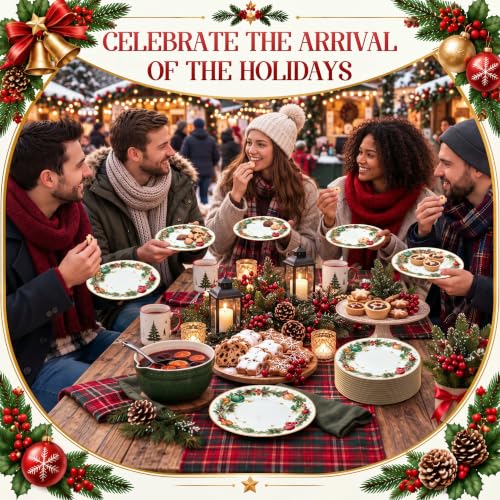 Christmas Paper Plates 100 Pcs 7 Inch White-Gold Wreath Design - Holiday Party Tableware
