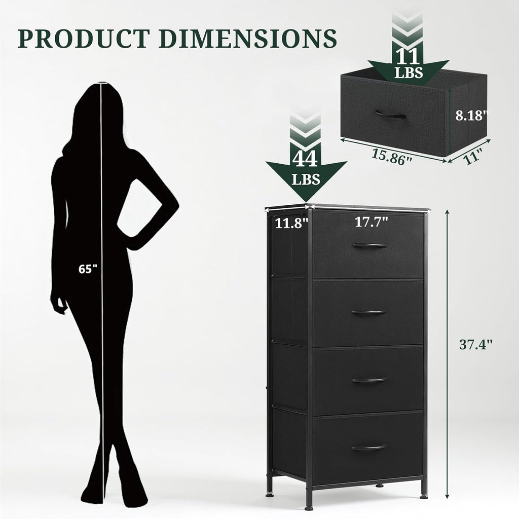 Regine Switzerland Nightstand - 4 Drawer Dresser with Wooden Top & Steel Frame | Black Fabric Bins for Bedroom & Living Room