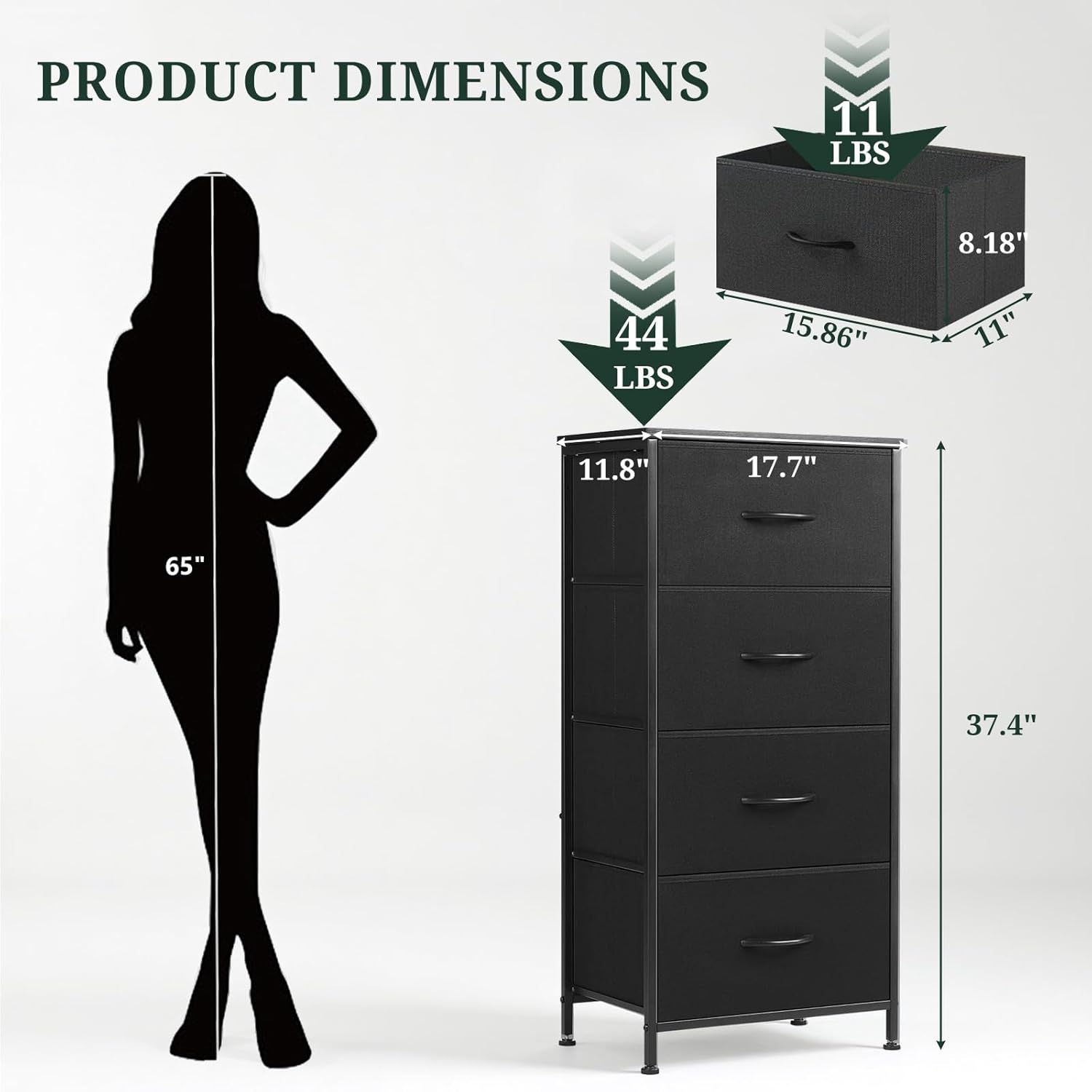Regine Switzerland Nightstand - 4 Drawer Dresser with Wooden Top & Steel Frame | Black Fabric Bins for Bedroom & Living Room