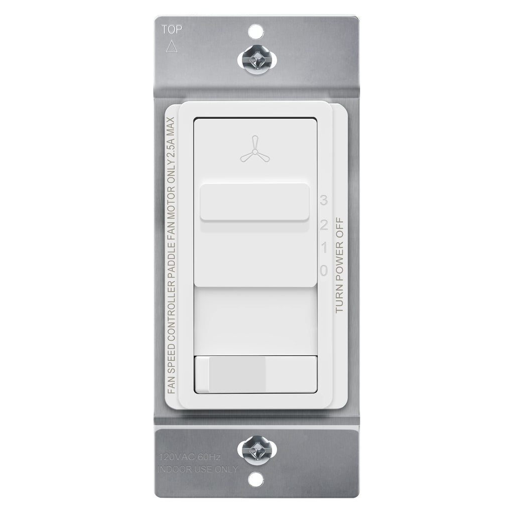 TOPGREENER Kalide Light Switch and 3-Speed Ceiling Fan Control Combo, in Wall Light and Fan Combination Switch, Single Pole, 2.5A, 720W, Neutral Wire Not Required, TGSFS3-W, White
