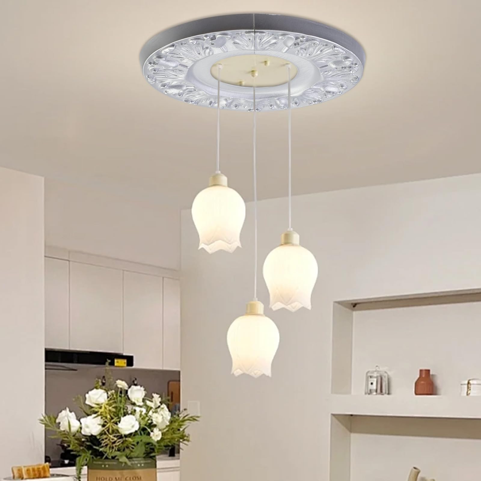 Pufguy Split Ceiling Medallion,2 Pcs Polyurethane Ceiling Medallion,Round Decorative Ceiling Fan Medallions,10"OD x 4.3"ID,Bright Silver