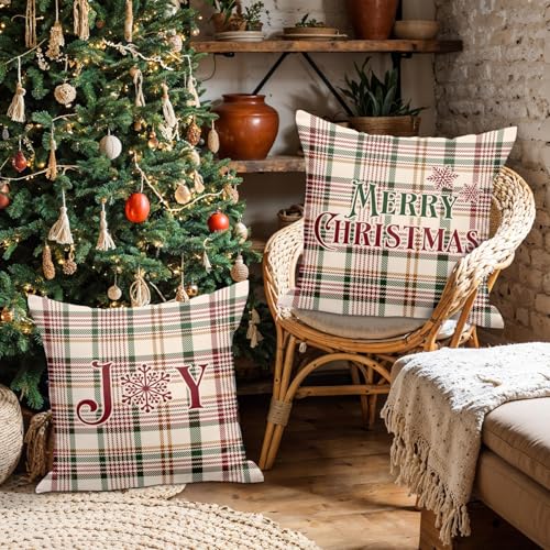 Christmas Throw Pillow Covers Set of 2 - White 20x20 Plaid Holiday Decor