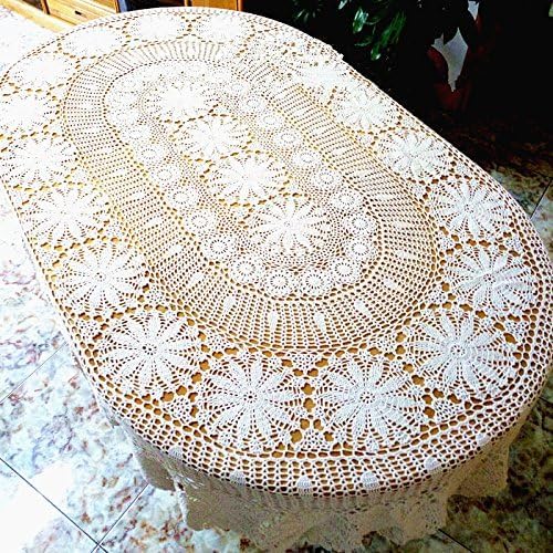 USTIDE Vintage Oval Crochet Tablecloth 59"x102"White Cotton Lace Table Cover Rustic Oval Table Overaly for Wedding/Party