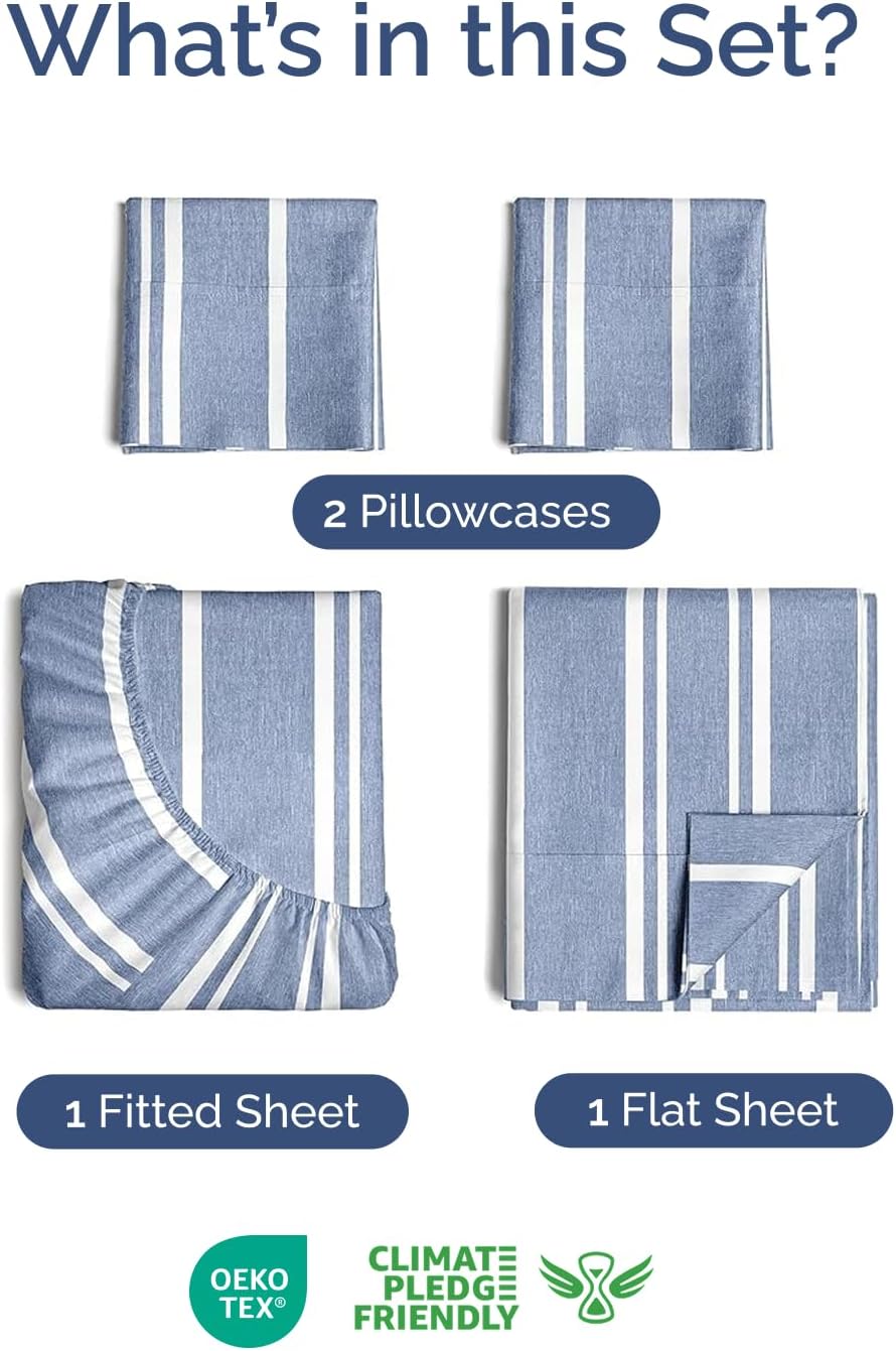 Skiennix Extra Deep Twin Sheet Set - 4-Piece Breathable Cooling Bedding - Soft, Wrinkle-Free Blue Stripes
