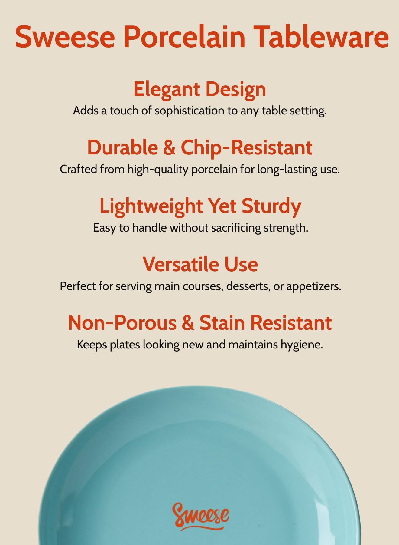 Sweese 11 Inch Porcelain Dinner Plates, Set of 6 - Beige, Vitrified China, Curve Collection, Dishwasher Microwave Safe