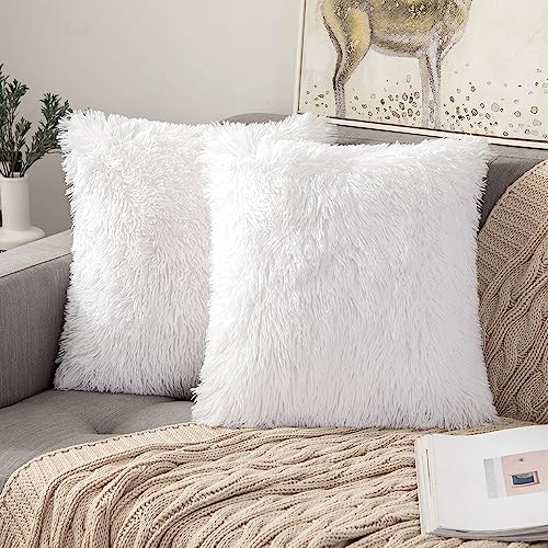 ANRODUO Faux Fur Throw Pillow Covers - 18x18 Inch White, Set of 2