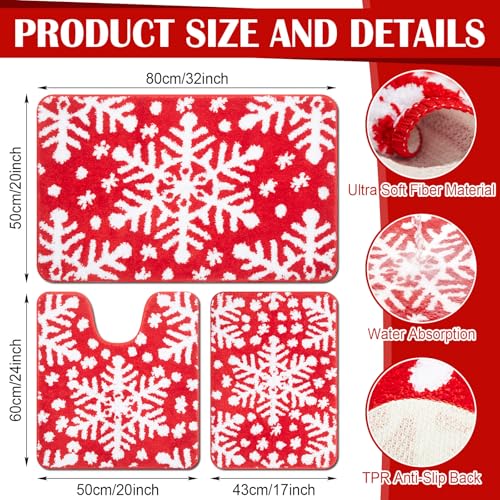 Nuanchu Christmas Snowflake Bathroom Rug Set - Red Non-Slip Holiday Bath Mats
