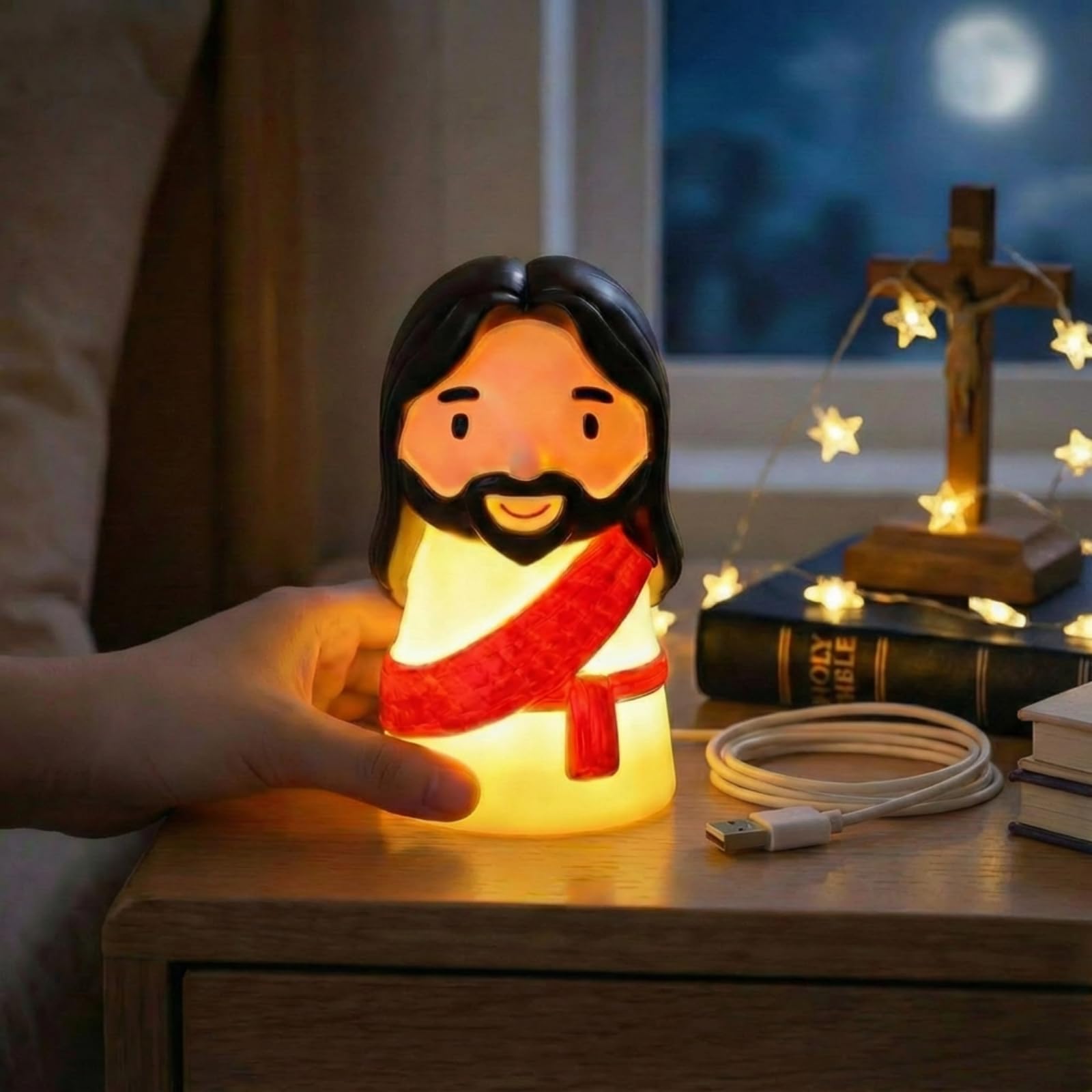 Huquary Cute Jesus Night Light, Jesus Gift, Dimmable PVC Christian Lamp, USB Rechargeable Touch Bedside Light, Baptism Favor, First Communion & Religious Graduation Gifts (3 x 5 Inch)(Red)