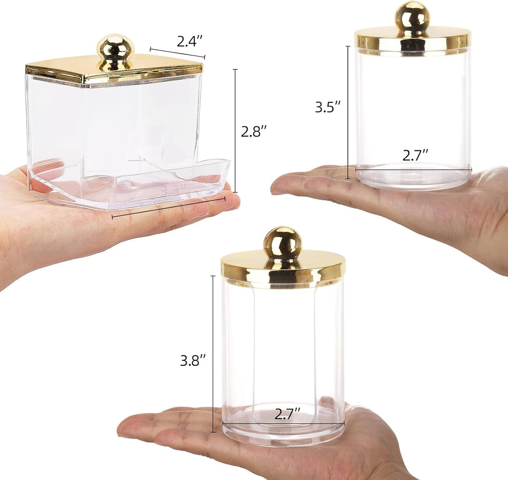 Tbestmax Q-Tips Dispenser | 3-Pack Bathroom Organizer - Plastic Apothecary Jars with Gold Lids