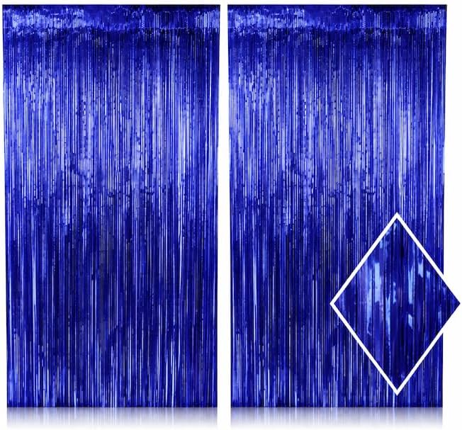 Metallic Foil Fringe Curtain Backdrop by [Brand Name] - Dark Blue | 3.2ft x 6.4ft Party Decor for Events