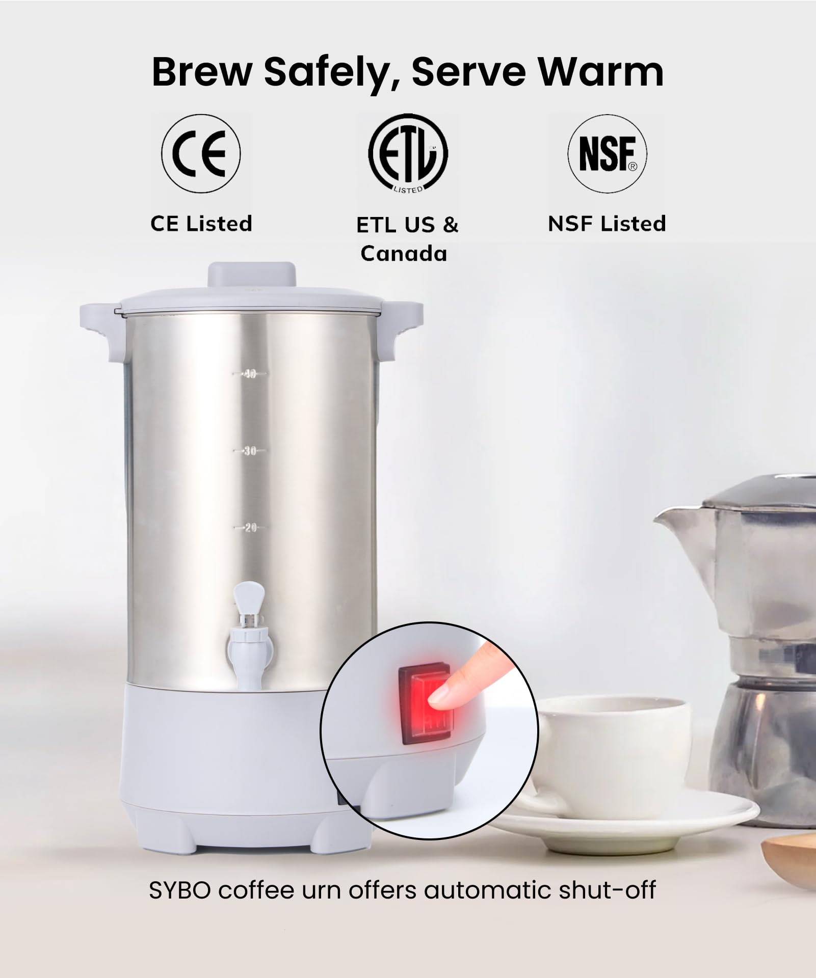 SYBO 45 Cup Coffee Urn, Commercial Grade Stainless Steel Percolate Coffee Maker, Removable Filter, Easy to Clean, Hot Water Urn for Catering, Hot Beverage Dispenser with Cool-Touch Handles, 6L, Grey