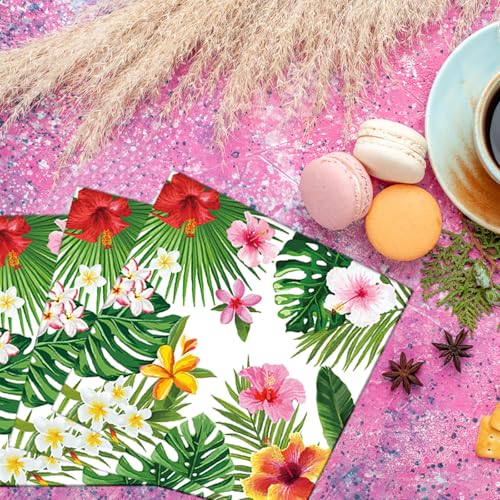 Merriva Tropical Hibiscus & Greenery Paper Napkins, 50 Count, Disposable Summer Party Decor