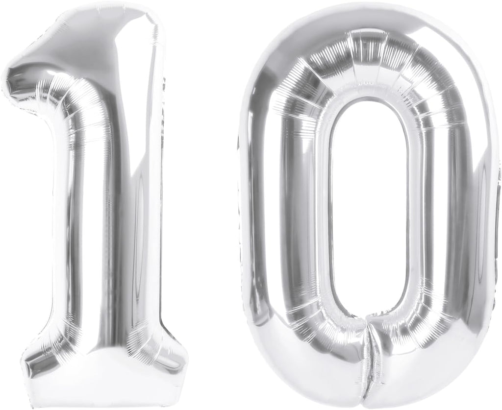 Number Balloon | 40-Inch Silver Foil Balloon for 10th Birthday Celebrations & Anniversaries