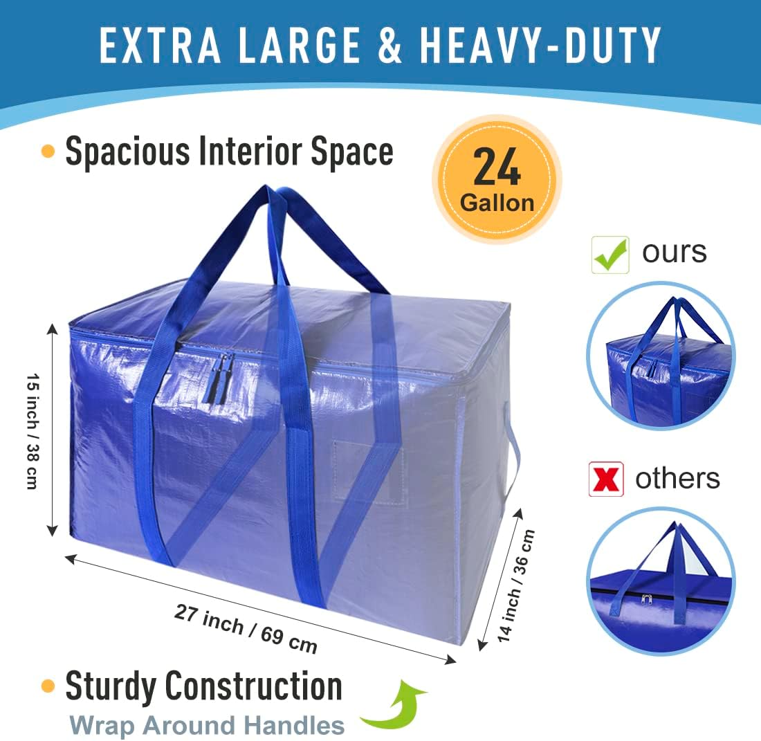 Moving Bags Heavy Duty Extra Large Storage Tote - Space-Saving Travel Organizer with Zippers & Strong Handles | Set of 6