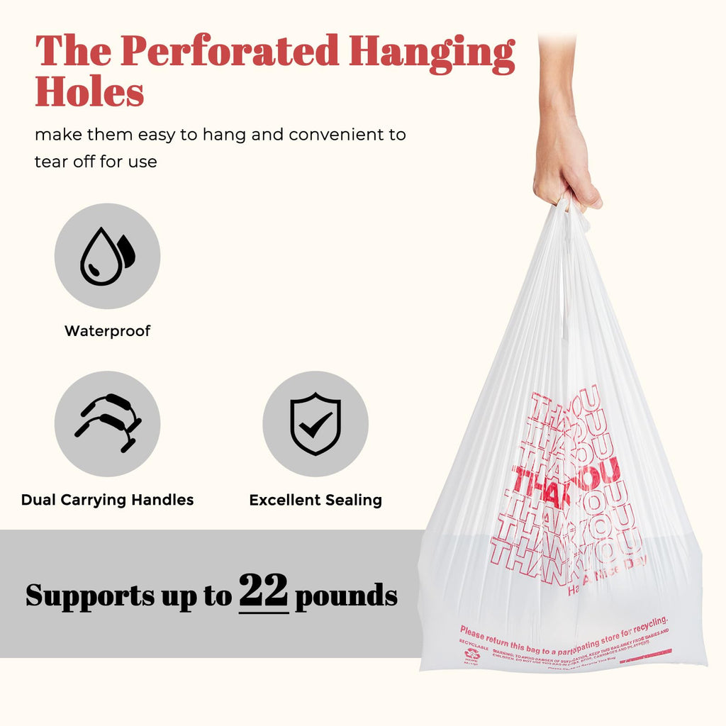 Delxo Grocery Bags Thank You Plastic T-Shirt Bag (1000 Count), White Supermarket Shopping Bags with Handles for Restaurant, Retail, To Go, Takeout, Convenience Stores 11.5 x 6.5 x 21 In